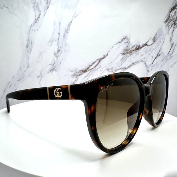 New GUCCI Sunglasses 56mm Brown Tortoise Round Gold Metal Interlocking GG Logo